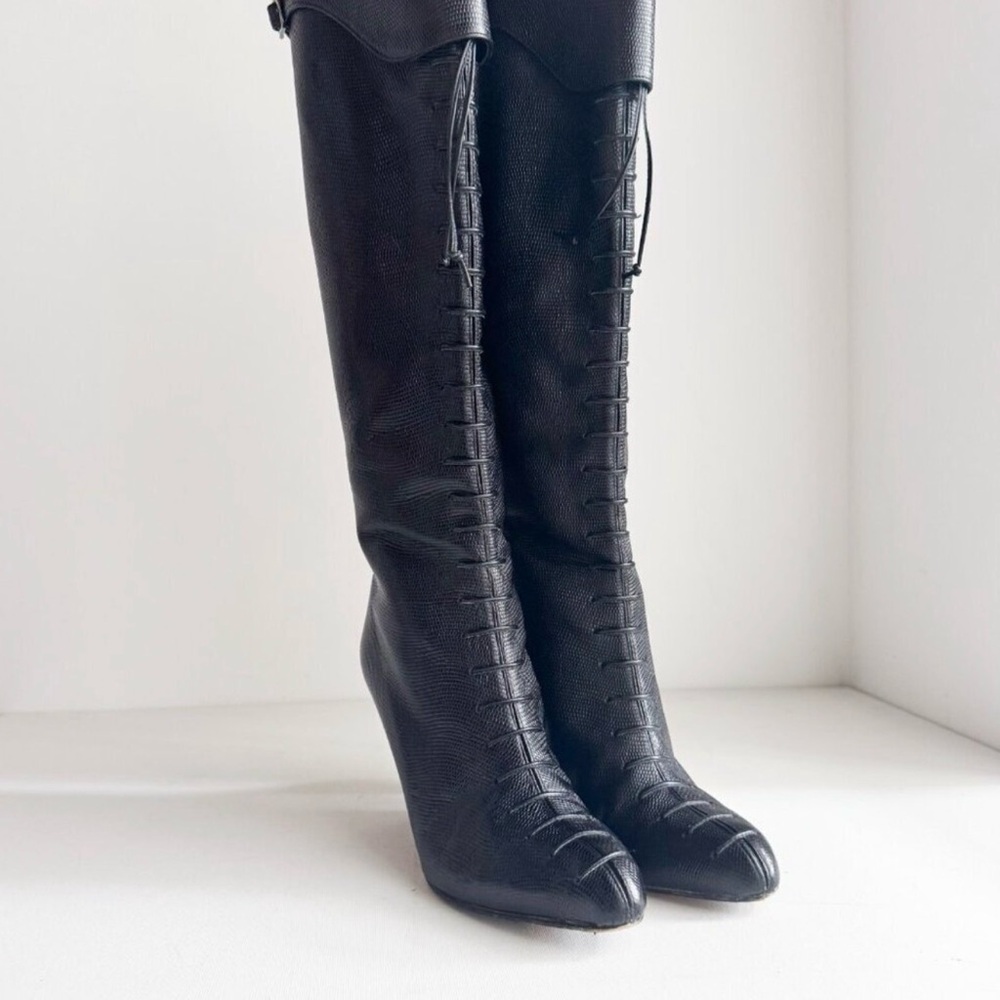 Grigiarancio Tall Lace up detail Leather Sexy Black Boots - Picture 2 of 8